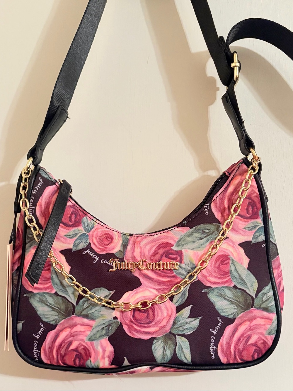 NWT Juicy Couture Pink Rose Floral Shoulder Bag with Gold Chain